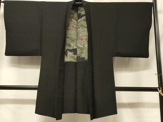平和屋着物＃男性　長羽織　紬地　霞文　黒地　正絹　逸品　CABE5477in｜平和屋