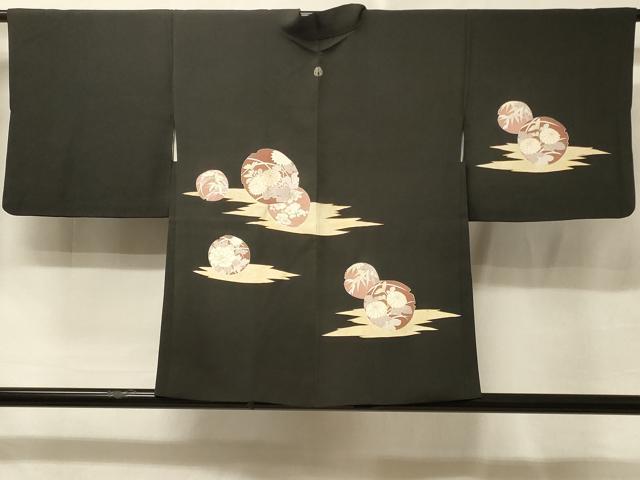長閑やかさ屋御召しもの＃羽織 被子植物丸文 黒地 金彩 正絹 珠玉 CABE5544インチ