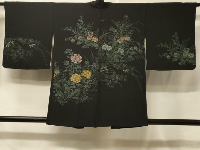 長閑やかさ屋御召しもの＃羽織 寿光織 被子植物文 黒地 現ナマ糸 正絹 珠玉 CABE5553インチ