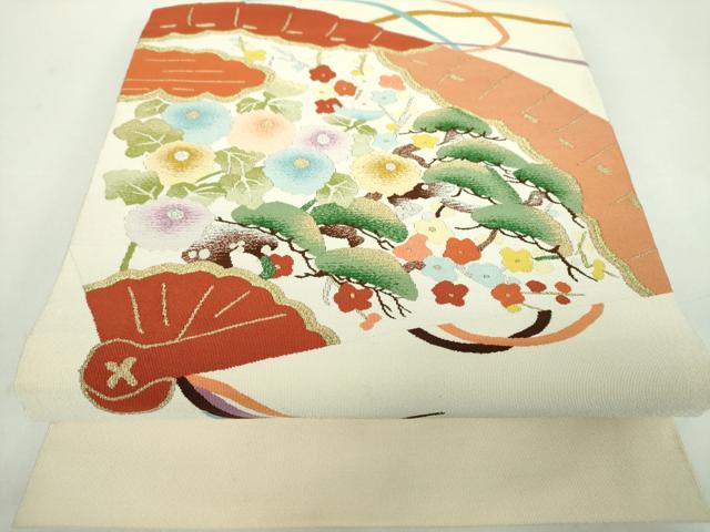 平和屋着物●爪掻き本綴れ　八寸名古屋帯　檜扇花文　金銀糸　正絹　逸品　DABD1800ps｜平和屋