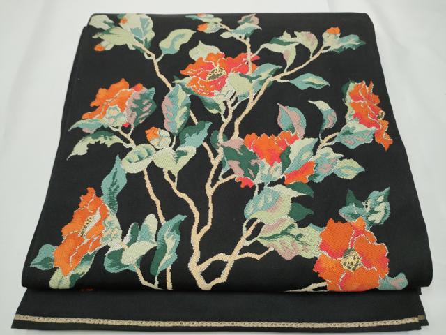 平和屋着物●洛風林　工芸帯地　六通柄　本袋帯　作家物　枝花文　黒地　金糸　正絹　逸品　CABE4728hy｜平和屋