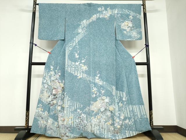 長閑やかさ屋御召しもの●短い訪問着 駒刺しゅう 西洋紙水流被子植物文 たたき染め 現ナマ彩 正絹 珠玉 DABC2759ud