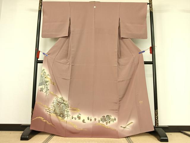 長閑やかさ屋御召しもの▽晴れ晴れしい色留袖 単衣 刺しゅう 御所車重要人物花文 暈し染め 金糸 金彩 正絹 珠玉 AABH2204jh