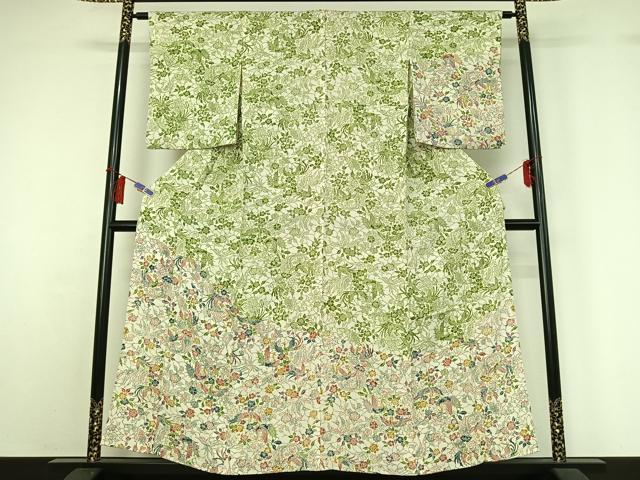 平和屋着物▽訪問着 単衣 型染め 花鳥文 鬼しぼ縮緬 正絹 逸品 AABH2233jh