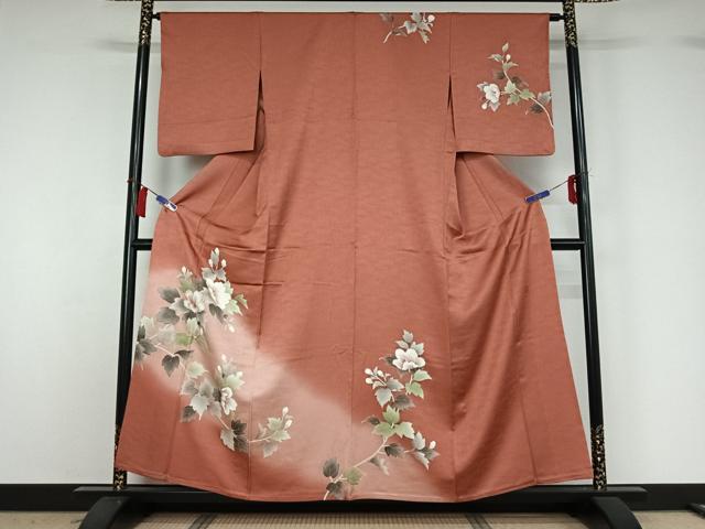 長閑やかさ屋御召しもの▽短い訪問着 単衣 絵描き物 刺しゅう 被子植物文 暈し染め 金糸 正絹 珠玉 AABH2259jh