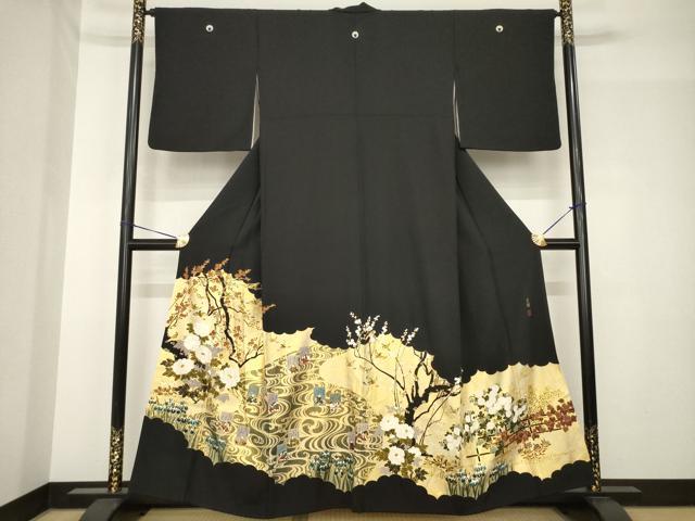 平和屋着物●松尾光琳　黒留袖　駒刺繍　花鳥文　百人一首　金彩　正絹　逸品　AABH5795ck｜平和屋
