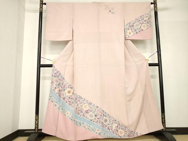 長閑やかさ屋御召しもの●短い訪問着 絵描き物 辻が花 斜縞花文 正絹 珠玉 AABH5797ck