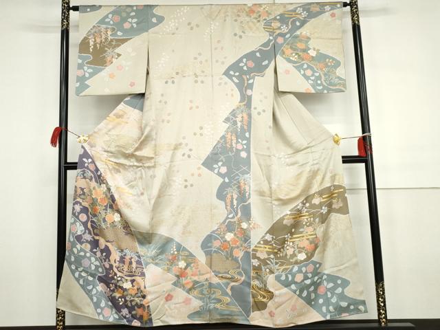 平和屋着物●訪問着 作家物 雪花 辻が花 駒刺繍 流水枝花文 金彩 正絹 逸品 AABH3683cs|平和屋