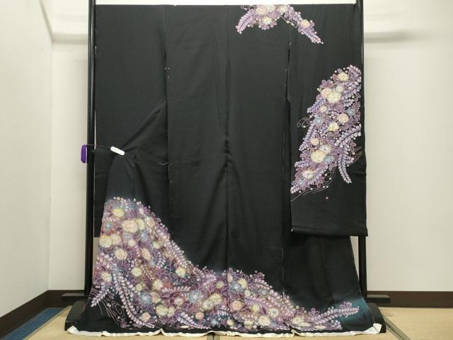 長閑やかさ屋御召しもの●晴れ晴れしい振袖 辻が花 絞り 黒地 金彩 仮絵羽 珠玉 未当て嵌める CABD9138gh