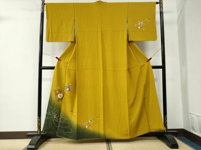 長閑やかさ屋御召しもの●短い訪問着 総刺しゅう 駒刺しゅう 割れ易い 名取り草 暈し染め 金糸 正絹 珠玉 CABE2639yc