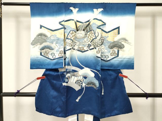 平和屋着物[]お宮参り　男の子　祝着　産着　初着　のしめ　唐獅子　兜　地紙御所車花松文　暈し染め　金彩　逸品　DABC5375ma｜平和屋