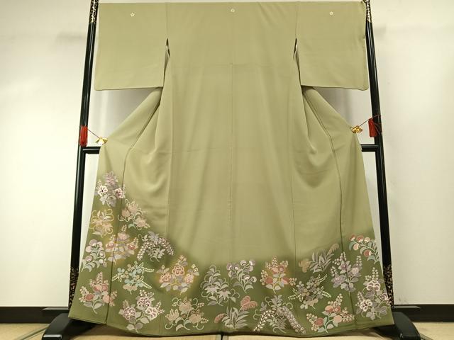 平和屋着物●豪華色留袖 友禅 駒刺繍 草花文 暈し染め 金彩 正絹 逸品 AABG4811fy