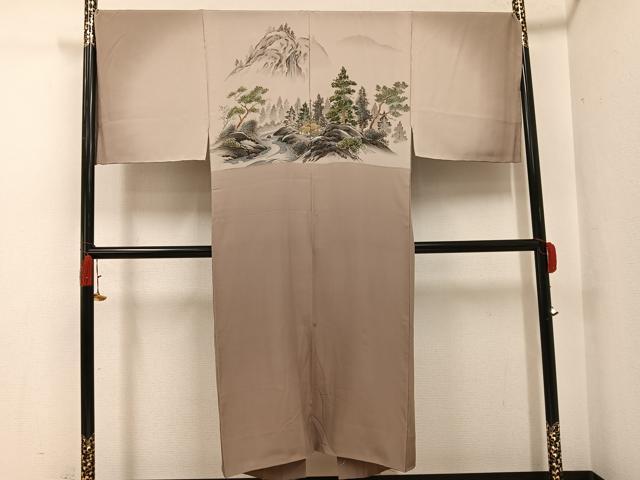 平和屋着物●男性　長襦袢　袷　手描き　風景樹林文　暈し染め　金彩　正絹　逸品　AABH0428ph｜平和屋