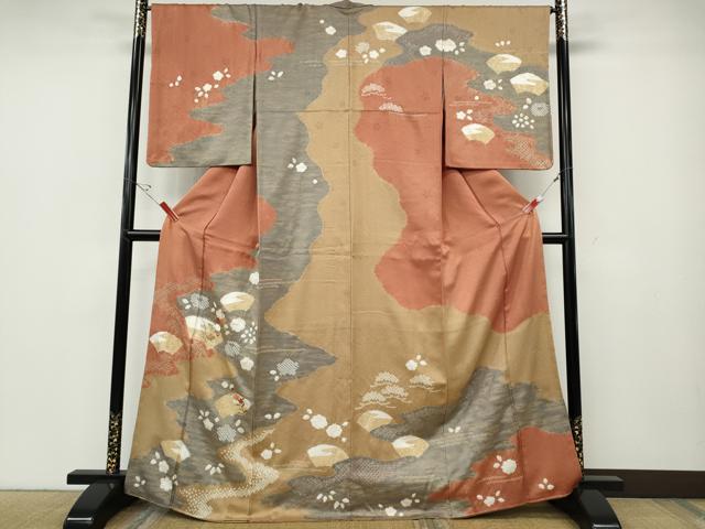 長閑やかさ屋御召しもの●短い訪問着 絞り 刺しゅう エ霞西洋紙花文 金彩 正絹 珠玉 CABD7550ut