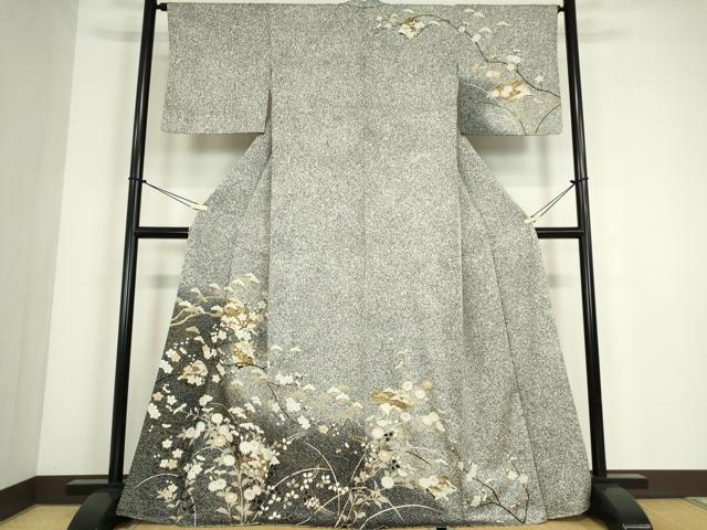平和屋着物●訪問着　色紙枝花文　たたき染め　金彩　正絹　逸品　DABC3631az｜平和屋