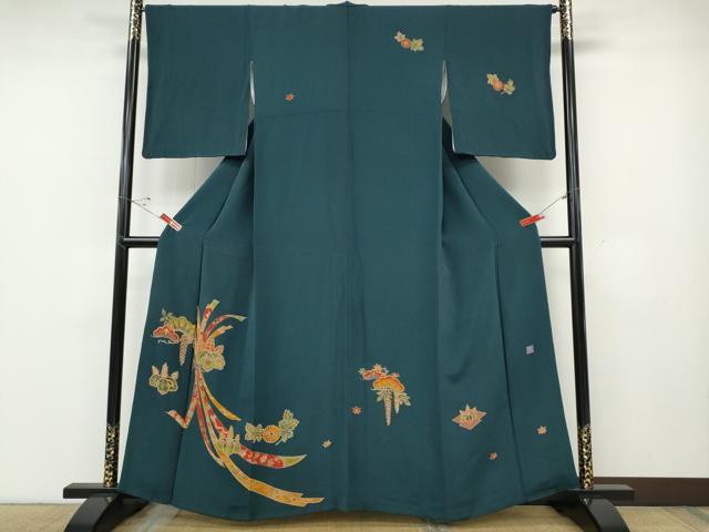 平和屋着物●訪問着 作家物 型染め 束ね熨斗松桐花文 金彩 鬼しぼ縮緬 正絹 逸品 CABD7577ut