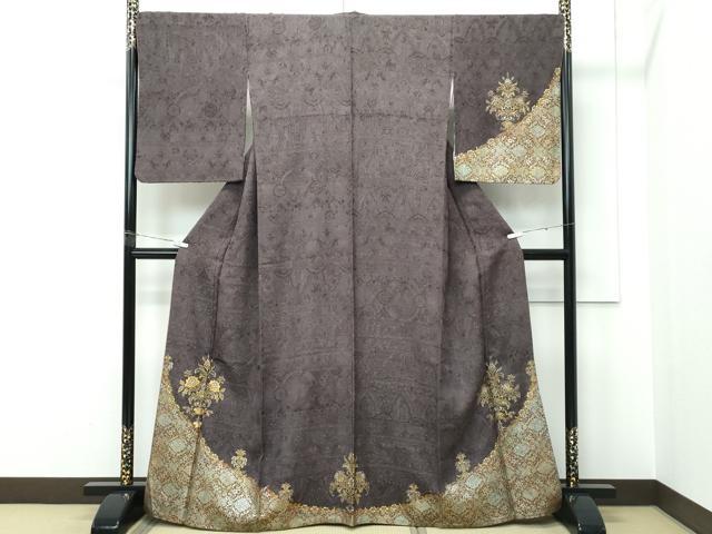 長閑やかさ屋御召しもの●飛び切り 短い訪問着 刺しゅう 正倉院花文 金通し地 黒橡色地 やまと誂製 珠玉 CZAA5457s6