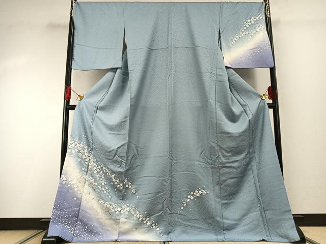 平和屋着物●訪問着　舞桜文　水色　暈し染め　銀彩　やまと誂製　ロング丈　正絹　逸品　AABG4723fy｜平和屋