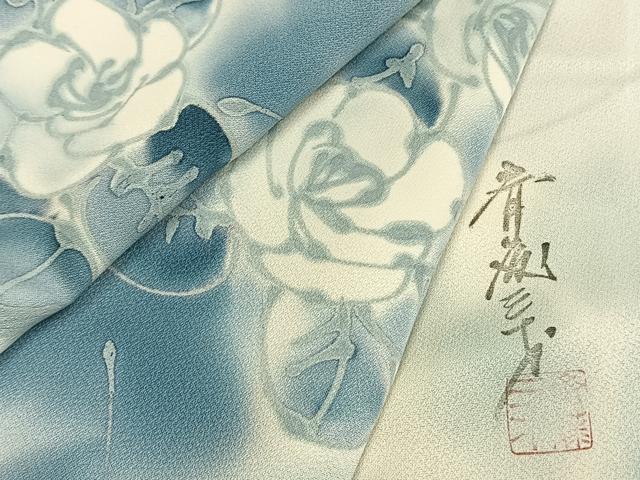 平和屋着物●染色作家　斉藤三才　小紋　手描き　薔薇　暈し染め　正絹　逸品　AABG4762fy｜平和屋