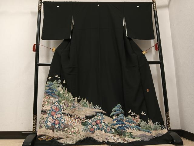 平和屋着物●豪華黒留袖 友禅 作家物 松竹梅風景飛鳥文 ロング丈 正絹 逸品 AABG7533ph
