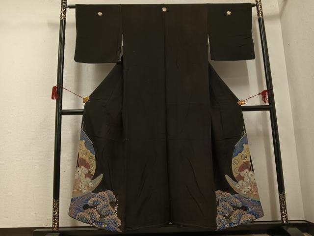長閑やかさ屋御召しもの●アンティーク 大正人情本 黒留袖 浜松船文 正絹 珠玉 AABG8511ph