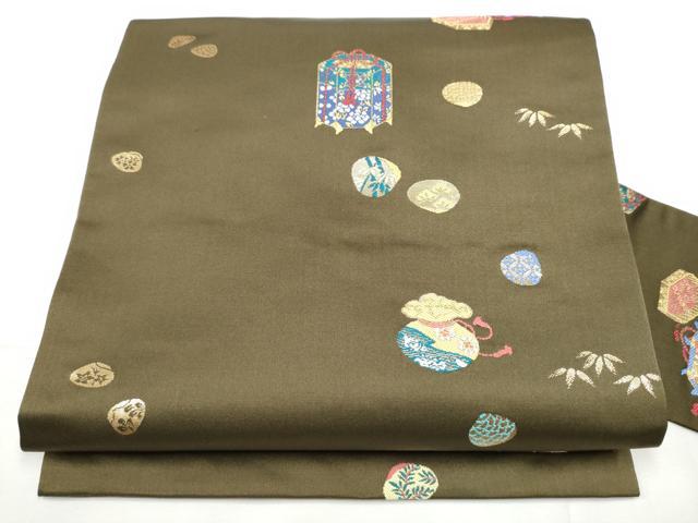 平和屋着物●九寸名古屋帯　唐織　貝桶草花文　金糸　正絹　逸品　CABE4539hy｜平和屋