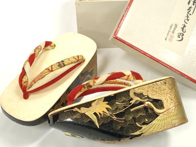 長閑やかさ屋御召しもの●御前上等 和装小物 ぽっくりサボ こっぽり・おこぼサボ 畳風 金蒔絵 烏合の衆鶴松文 箱付き添い人 19.5珊 珠玉 DZAA11740kh6