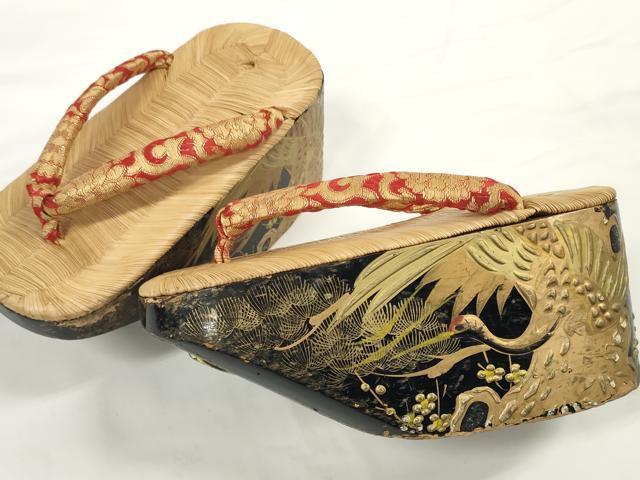 長閑やかさ屋御召しもの●御前上等 和装小物 ぽっくりサボ こっぽり・おこぼサボ 畳表 金蒔絵 鶴梅松文 20珊 珠玉 DZAA11772kh6