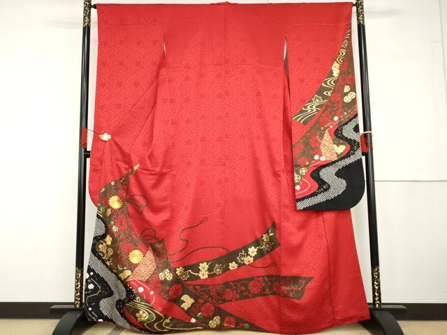 長閑やかさ屋御召しもの●晴れ晴れしい振袖 駒刺しゅう 絞り 中仕切り水流花文 金彩 正絹 珠玉 AABG6647cs