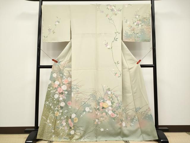 平和屋着物●極上　訪問着　友禅　作家物　枝花文　砂色地　逸品　未使用　CYAA4665s6｜平和屋