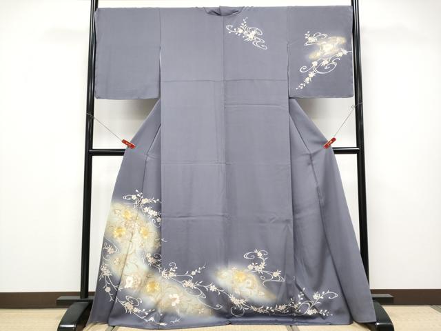 平和屋着物●極上　訪問着　駒刺繍　花唐草文　暈し染め　金彩　薄鼠色地　逸品　未使用　CYAA4690s6｜平和屋
