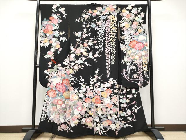 平和屋着物●極上　振袖　友禅　花車文　黒地　逸品　CYAA4720s6｜平和屋