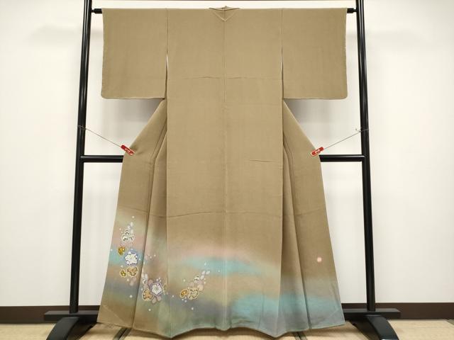 長閑やかさ屋御召しもの●飛び切り 久保田一竹 幻の辻が花 色留短い訪問着 辻が花 暈し染め 鬼しぼクレープ 朽葉色地 珠玉 未当て嵌める CYAA4744s6
