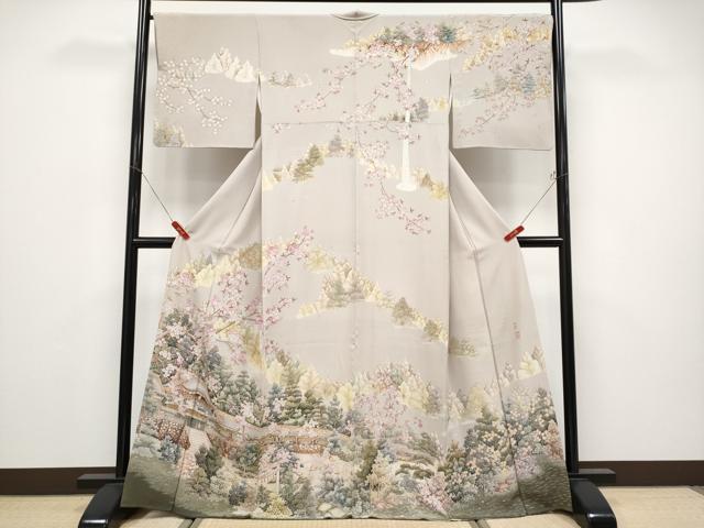 長閑やかさ屋御召しもの●飛び切り 短い訪問着 絵描き物 見晴らし文 灰梅色地 珠玉 CYAA4748s6