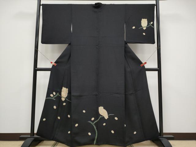 平和屋着物●極上　訪問着　絞り　フクロウ　黒地　逸品　CYAA4750s6｜平和屋