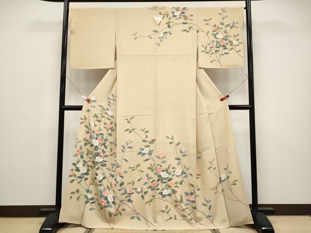 長閑やかさ屋御召しもの●飛び切り 短い訪問着 友禅 絵描き物 枝花文 丁字色地 珠玉 未当て嵌める CYAA4772s6