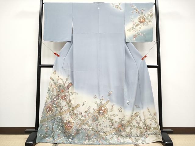 平和屋着物●極上　中国三大刺繍　スワトウ刺繍　総刺繍　訪問着　正倉院花唐草文　暈し染め　金糸　灰青色地　逸品　未使用　CYAA4797s6｜平和屋