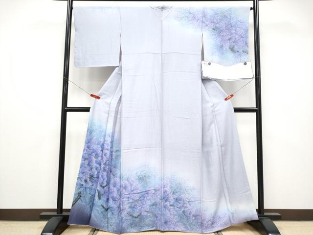 平和屋着物●極上　訪問着　枝花文　暈し染め　牡丹鼠色地　健勝苑扱い　反端付き　逸品　CYAA4803s6｜平和屋