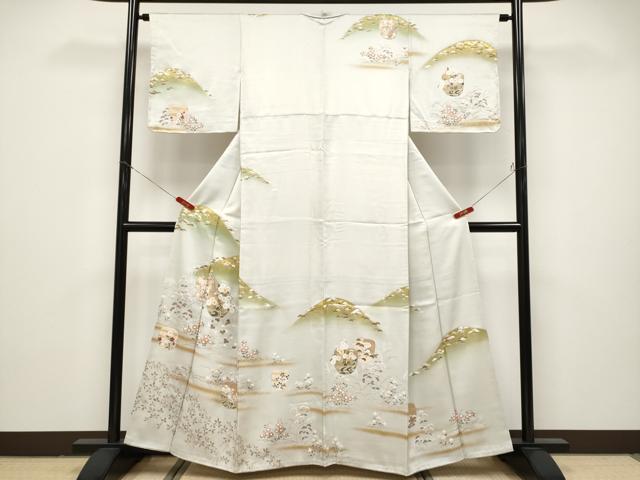 長閑やかさ屋御召しもの●飛び切り 短い訪問着 駒刺しゅう 霞遠山被子植物文 金彩 珠玉 未当て嵌める CYAA4868s6