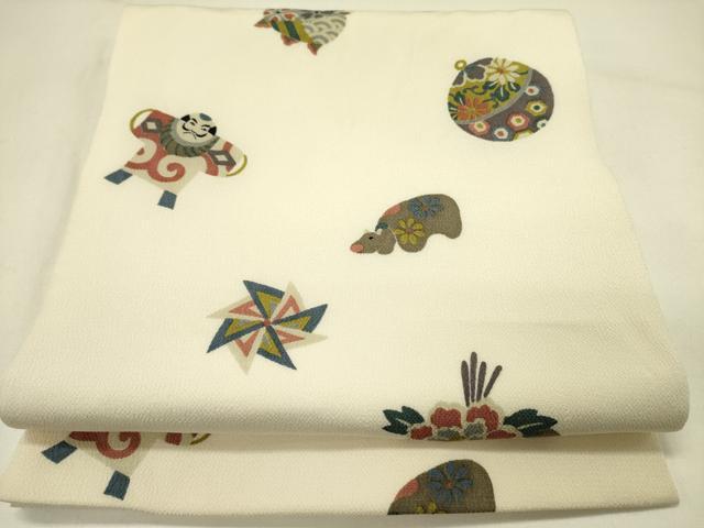 平和屋着物●九寸開き名古屋帯 型染 玩具文 鬼しぼ縮緬 正絹 逸品 DABE1003op|平和屋