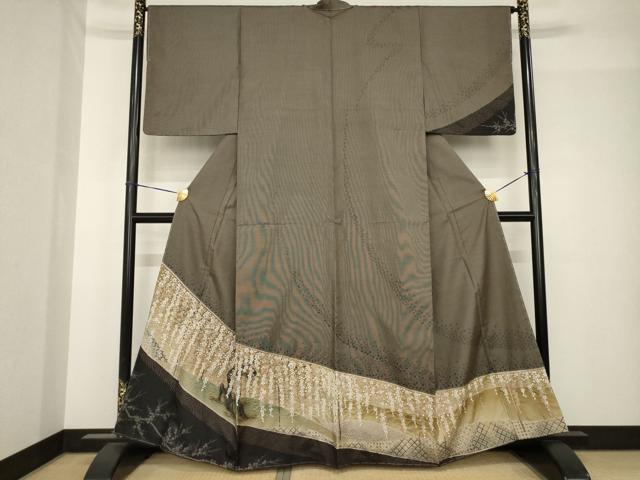 長閑やかさ屋御召しもの●発祥地大島紬 短い訪問着 絞り 枝垂れ桜 金彩 正絹 珠玉 未当て嵌める AABH5785ck