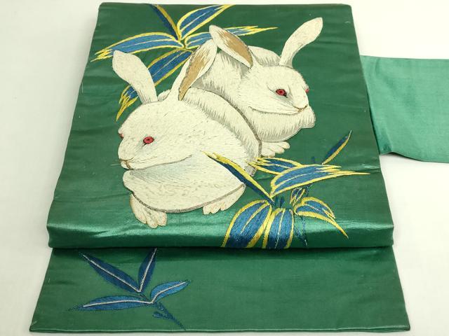 平和屋本店●極上　アンティーク　大正ロマン　九寸名古屋帯　総手刺繍　白兎　緑青色地　逸品　DZAB7465kh6｜平和屋 46,800円