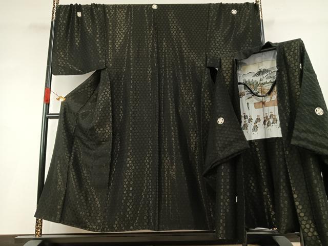 長閑やかさ屋御召しもの●成人男性 黒紋付 羽織書き割り 亀甲文 キングサイズ 正絹 珠玉 AABH4703fy