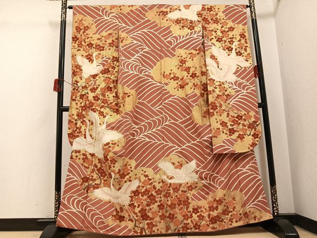 長閑やかさ屋御召しもの●晴れ晴れしい振袖 友禅 絵描き物 駒刺しゅう 群鶴立波梅文 金彩 正絹 珠玉 AABH6827ph