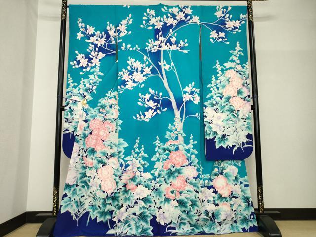長閑やかさ屋御召しもの●晴れ晴れしい振袖 駒刺しゅう 被子植物文 暈し染め 銀彩 正絹 珠玉 AABH7058ck