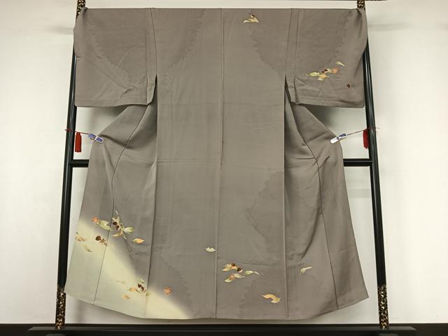 長閑やかさ屋御召しもの▽成人男性 短い訪問着 単衣 舞葉文 栗 暈し染め キングサイズ 正絹 珠玉 AABI4673jh