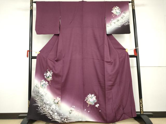 長閑やかさ屋御召しもの●短い訪問着 水流花篭文 暈し染め 銀彩 さが美取りまわし 正絹 珠玉 AABH7156cs