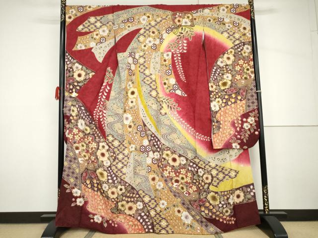 長閑やかさ屋御召しもの●晴れ晴れしい振袖 絵描き物 辻が花 暈し染め 金彩 金通し地 正絹 珠玉 AABH7158cs