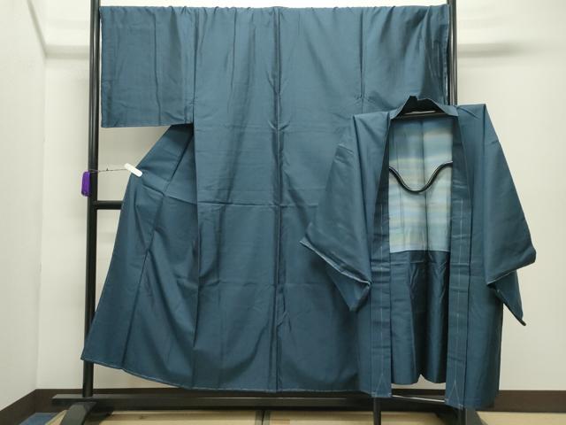 平和屋着物●男性　紬　アンサンブル　色無地　濃藍色　正絹　逸品　CABD9208gh｜平和屋