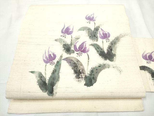長閑やかさ屋御召しもの●九寸名古屋帯 絵描き物 墨付き 紬地 被子植物文 正絹 珠玉 CABF5271hy